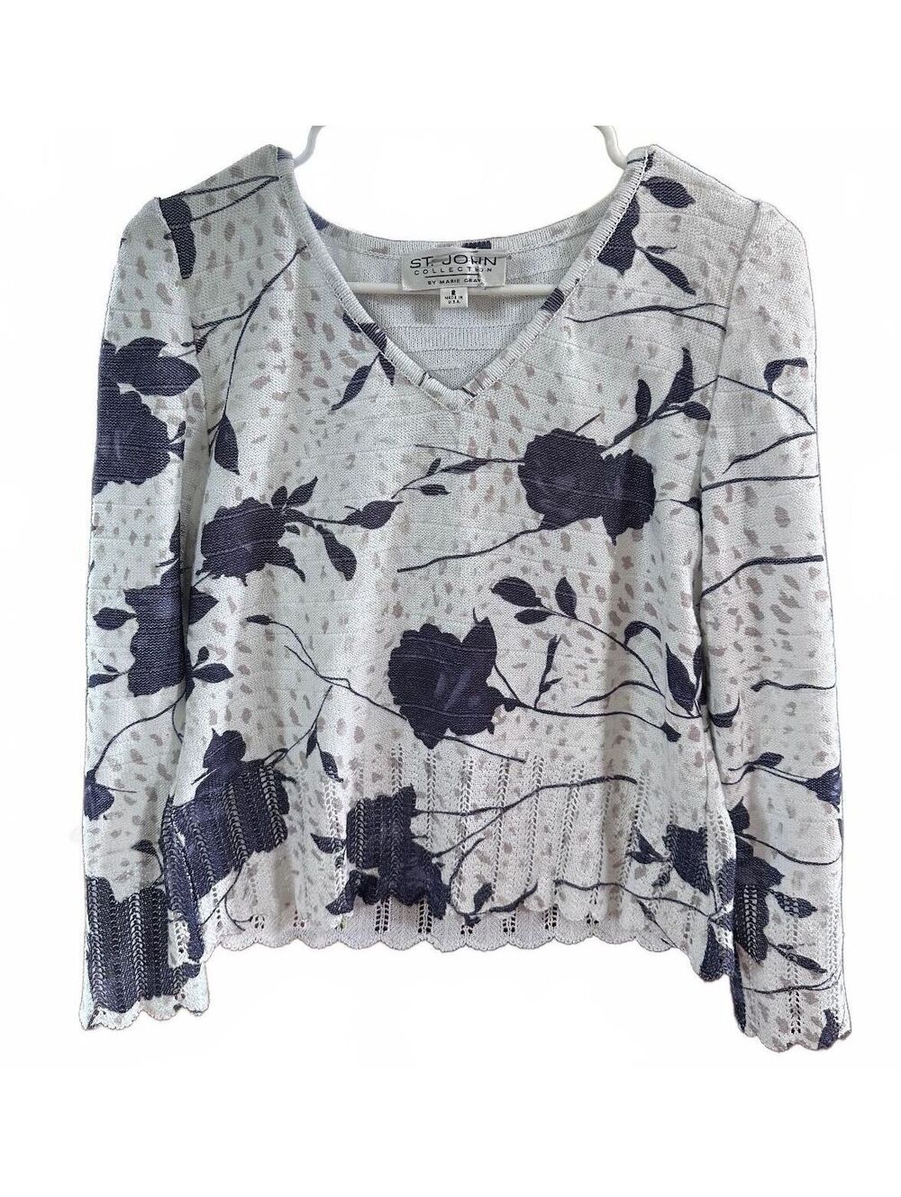St. John Collection Marie Gray Vintage Floral Knit V-Neck Top Scalloped Hem, 2